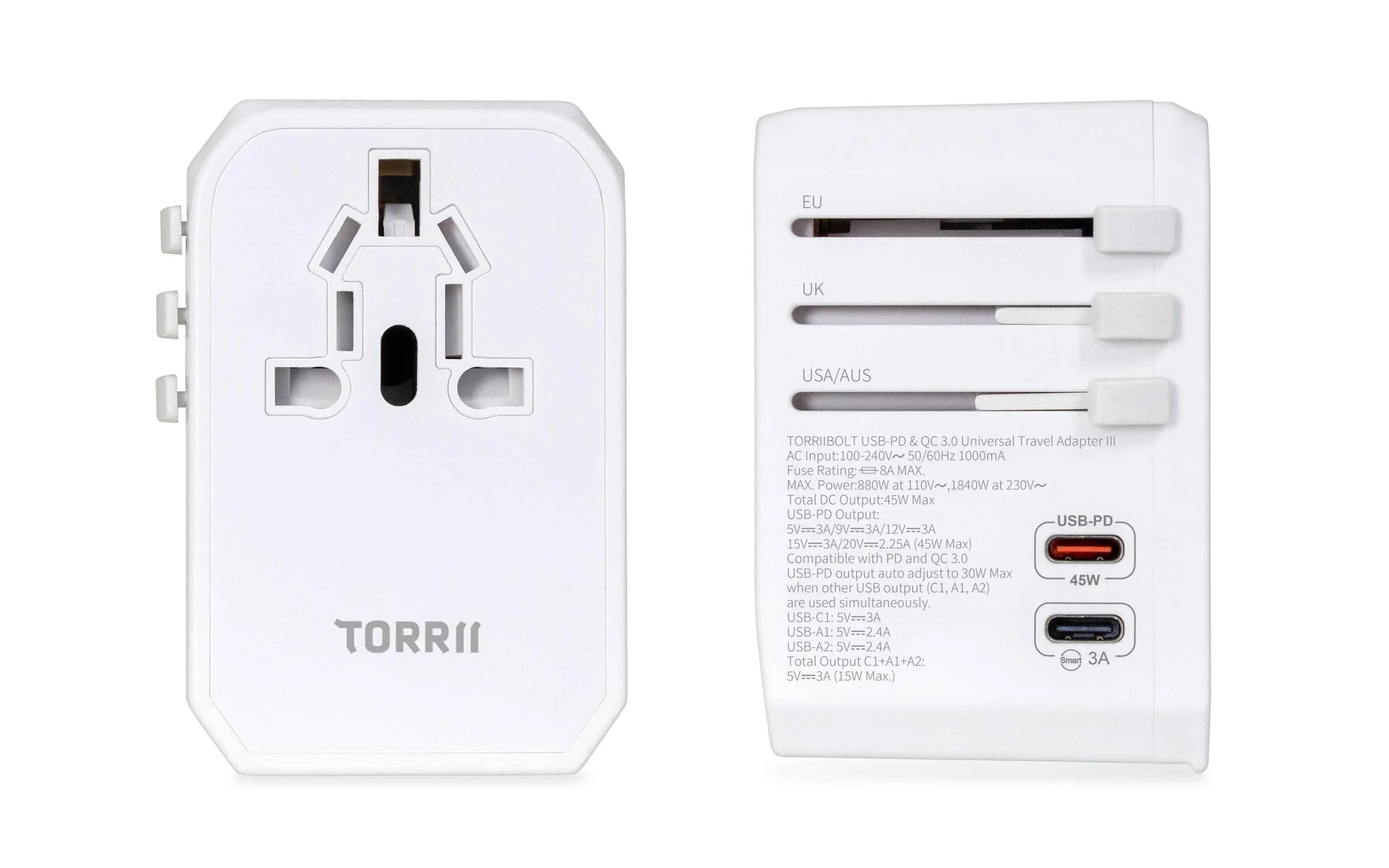 TorriiBolt 45W USB-PD & QC 3.0 Universal Travel Adapter III – White TorriiBolt 45W USB-PD & QC 3.0 Universal Travel Adapter III – White